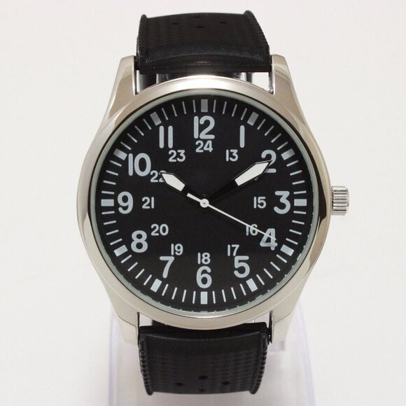 Men's Quartz Field Watch Silver Case Black Tropical Strap 42mm - Picture 1 of 12